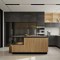 Modern Restaurant Kitchen With Wooden Cabinets Island Counter And White Appliances