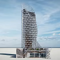 Tall Modern Office Building with Unique Grid Exterior Design and Open Surroundings Under Cloudy Sky