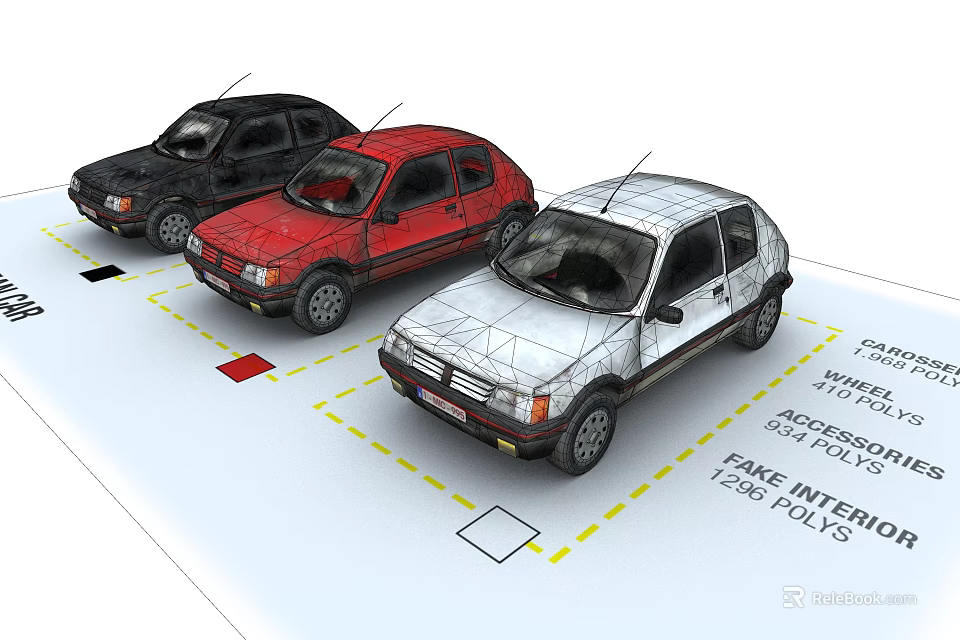 Small Black Red And White Cars Showcasing Fine Interior Details And Technical Specifications 3d model 
