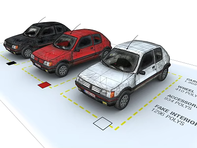 Small Black Red And White Cars Showcasing Fine Interior Details And Technical Specifications 3d model