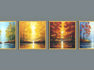 Four Panel Seasonal Forest River Oil Paintings With Sunlight Reflection And Golden Frames 3d model