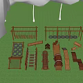 Outdoor Wooden Playground Equipment With Climbing Structures And Slides In Grass Area