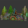 Playful Cartoon Scene With Green Pine Trees Stone Structures And Colorful Decorative Plants