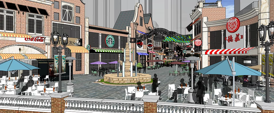 Vibrant Commercial Street With Shops Cafes Outdoor Seating And Decorative Buildings 3d model 