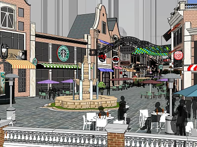 Vibrant Commercial Street With Shops Cafes Outdoor Seating And Decorative Buildings 3d model