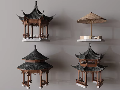 Traditional Chinese Pavilion Models With Different Styles Wooden Structures And Tile Roofs 3d model