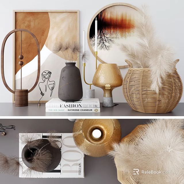 Elegant Ornamental Decor Set With Black Vase Gold Lamp Wicker Basket And Pampas Grass 3d model 