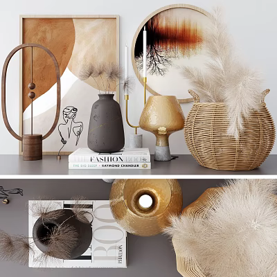 Elegant Ornamental Decor Set With Black Vase Gold Lamp Wicker Basket And Pampas Grass 3d model