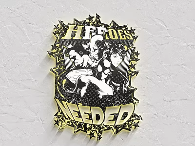 Heroes Needed Logo Design With Cartoon Characters And Star Border 3d model