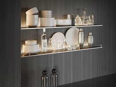 Modern Kitchen Dark Walls With Metal Shelves Displaying White Plates Bowls Glassware And Silver Bottles 3d model