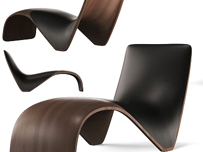 Modern Lounge Chair With Curved Wooden Frame And Black Leather Cushion Design 3d model