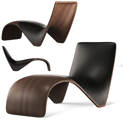 Modern Lounge Chair With Curved Wooden Frame And Black Leather Cushion Design 3d model