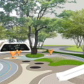 Modern Garden Landscape with Curved Pathways Green Lawns Playground Slide and Trees