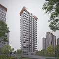 Modern High Rise Residential Building Exterior With Green Trees Under Clear Blue Sky