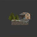 Cartoon Scene With Wooden Cabin Pine Trees Stream And Rocky Terrain