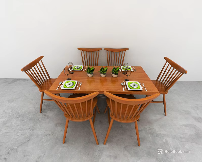 Wooden Dining Table Set with Six Chairs and Small Green Plants on Table 3d model