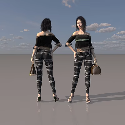 Two Women Wearing Off Shoulder Tops And Striped Skinny Pants With Handbags And High Heels 3d model