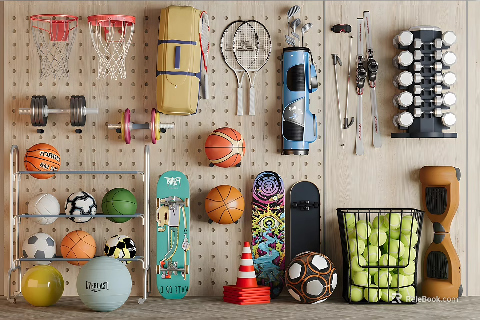 Various Sports Equipment Including Basketballs Soccer Balls Dumbbells Skateboards And Tennis Rackets On Wall 3d model 