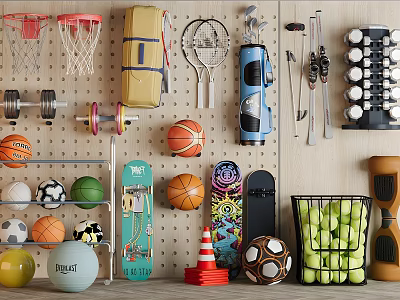 Various Sports Equipment Including Basketballs Soccer Balls Dumbbells Skateboards And Tennis Rackets On Wall 3d model