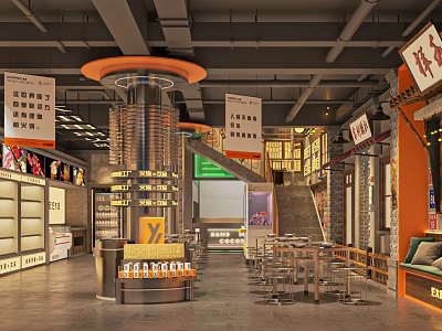 Modern Industrial Hot Pot Restaurant Interior Featuring Orange Circular Structure Dining Tables and Display Cabinets 3d model