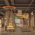 Modern Industrial Hot Pot Restaurant Interior Featuring Orange Circular Structure Dining Tables and Display Cabinets