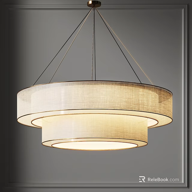Modern Two Tier Circular Chandelier With Beige Fabric Shade And Soft Lighting 3d model 