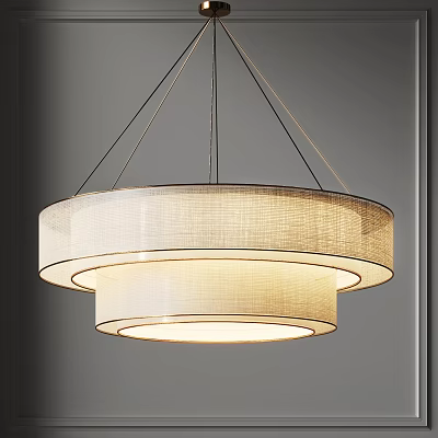Modern Two Tier Circular Chandelier With Beige Fabric Shade And Soft Lighting 3d model