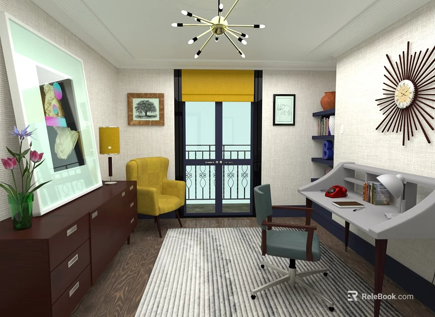 Modern Office Interior With Yellow Armchair Wooden Desk Large Window Chandelier Lighting And Area Rug 3d model 