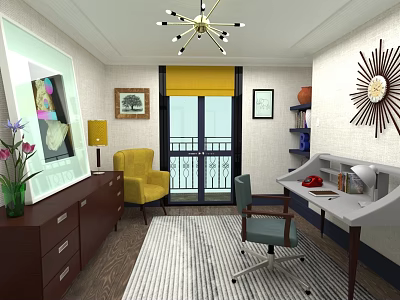 Modern Office Interior With Yellow Armchair Wooden Desk Large Window Chandelier Lighting And Area Rug 3d model