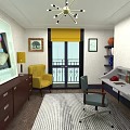 Modern Office Interior With Yellow Armchair Wooden Desk Large Window Chandelier Lighting And Area Rug