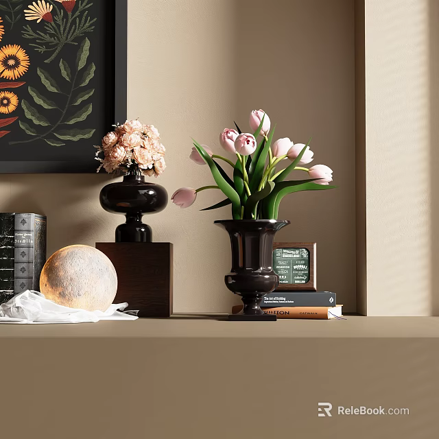 Decorative Ornament Combination With Pink Flowers White Tulips Moon Globe And Books On Wooden Shelf 3d model 