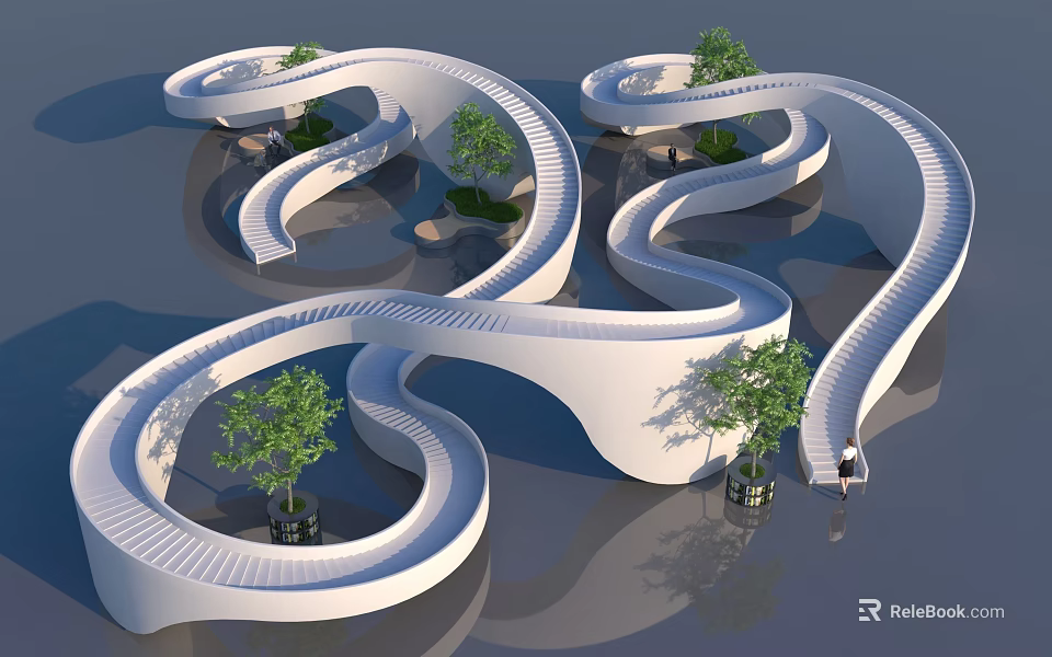 Winding White Stairs Outdoor Modern Design With Small Trees And Open Space 3d model