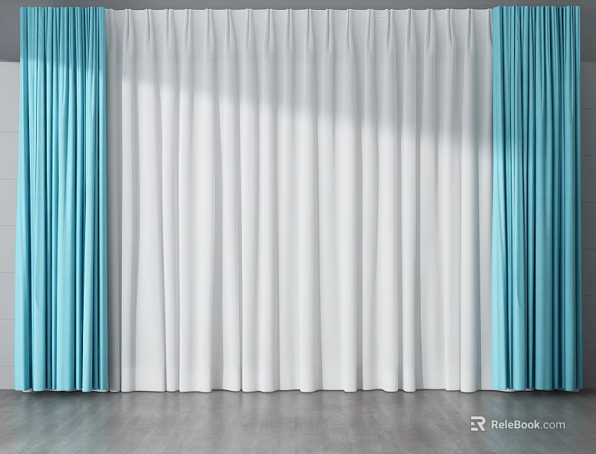 Modern Home Interior With Blue And White Soft Curtains For Window Decoration 3d model 