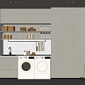 Modern Laundry Room With White Washing Machine Dryer Grey Cabinets Open Shelves And Window