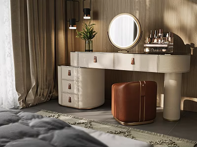 Modern Elegant Dressing Table with Round Mirror Storage Drawers and Brown Leather Stool 3d model