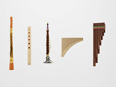 Various Traditional Musical Instruments Featuring Wooden Flutes Panpipes and Recorders Collection 3d model