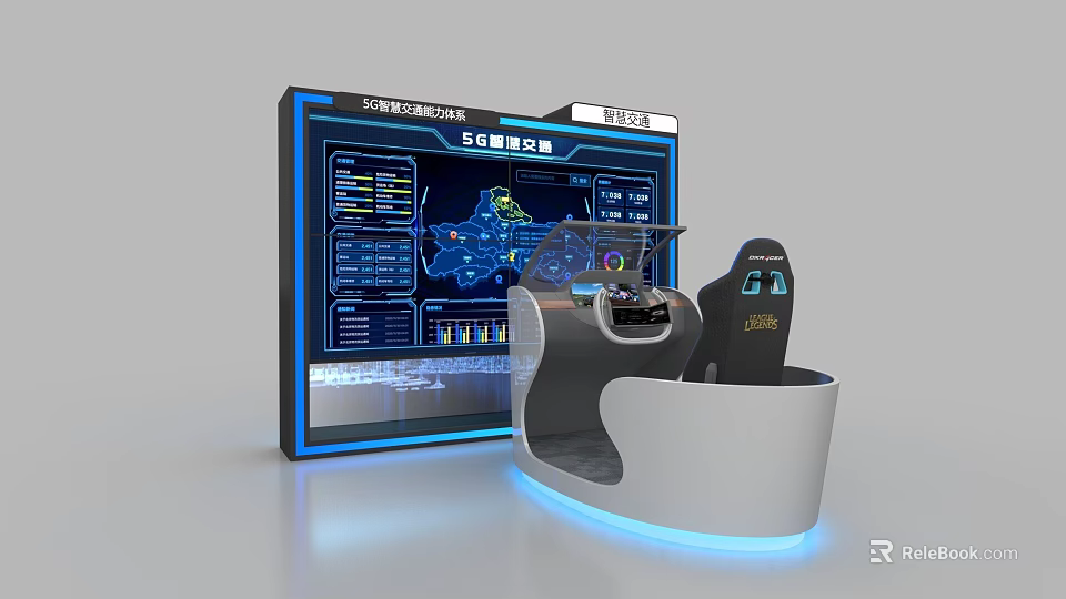 Modern Tech Display Island With Large Screen Data Charts Map And Interactive Console 3d model 