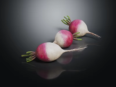 Fresh Red And White Radishes With Green Leaves On Black Reflective Surface 3d model