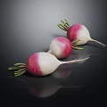 Fresh Red And White Radishes With Green Leaves On Black Reflective Surface