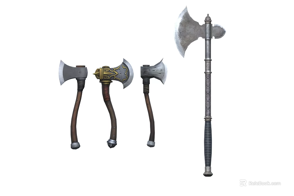 Various Types of Axes as Weapons with Wooden Handles and Sharp Metal Blades 3d model 