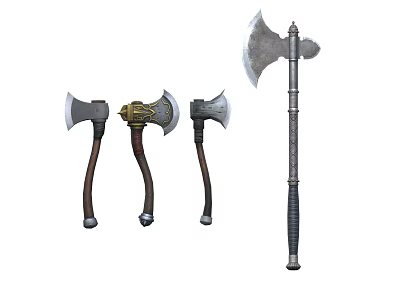 Various Types of Axes as Weapons with Wooden Handles and Sharp Metal Blades 3d model