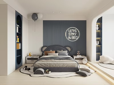 Modern Kids Bedroom With Cartoon Bed Wall Art And Storage 3d model