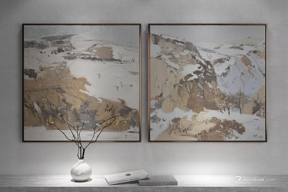 Landscape Paintings On Wall With White Vase And Books For Home Decor 3d model 