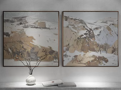 Landscape Paintings On Wall With White Vase And Books For Home Decor 3d model
