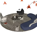 Modern Curved Sofa And Coffee Table Set With Patterned Rug Accent Chair And Floor Lamp
