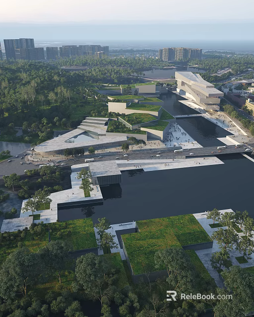 Modern Library Building with River Green Spaces Urban Bridge and Open Areas 3d model 