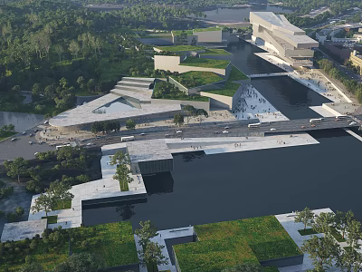 Modern Library Building with River Green Spaces Urban Bridge and Open Areas 3d model