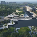Modern Library Building with River Green Spaces Urban Bridge and Open Areas