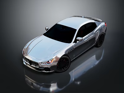 Silver Maserati Sedan With Sleek Design And Black Wheels On Reflective Surface 3d model
