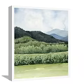 Two Piece Watercolor Landscape Paintings With Green Fields Trees Distant Mountains And Cloudy Sky